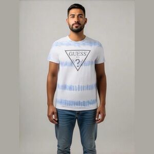 Guess heritage sky blue white 3m tie dye reflective logo tee organic cotton sz s